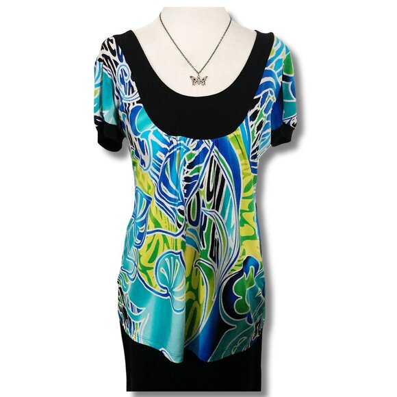 WAREHOUSE ONE Tropical leaf print short-sleeve adjustable tie waist MEDIUM top - Picture 1 of 14
